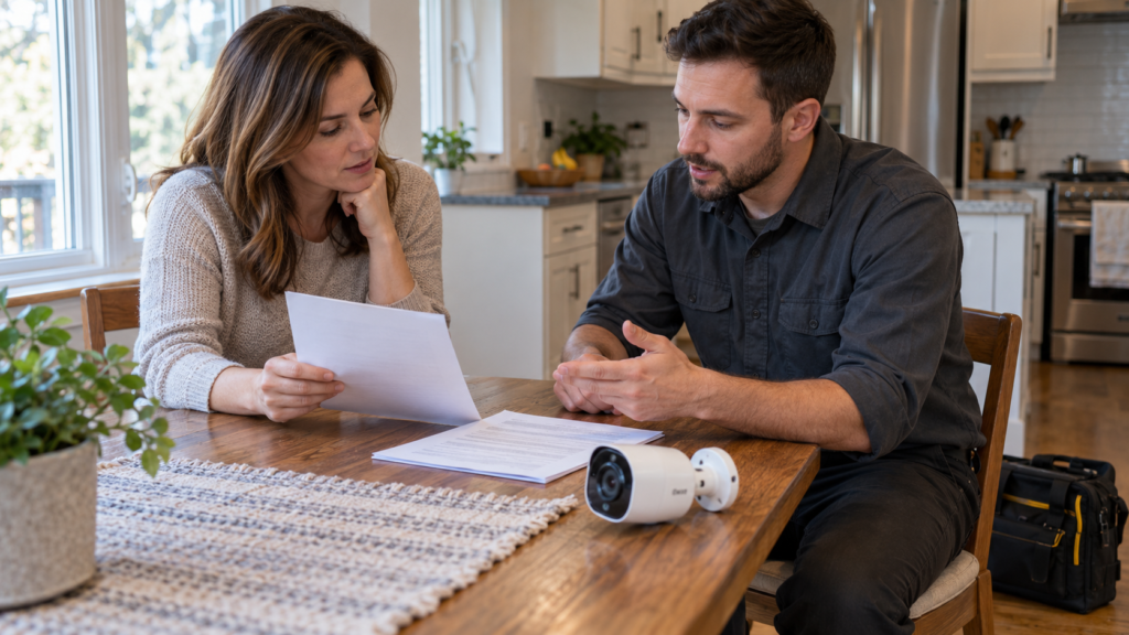 Reviewing installation paperwork with a camera installer.