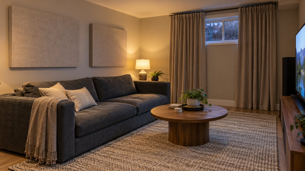 A home-theatre room with soft surfaces and acoustic panels.