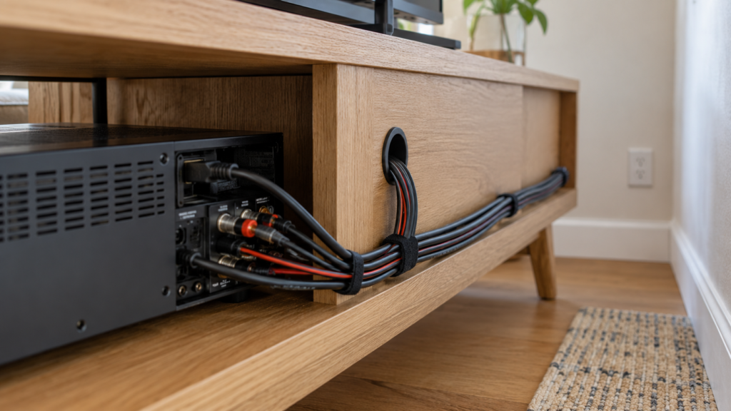 Organised AV cables behind a home-theatre console.