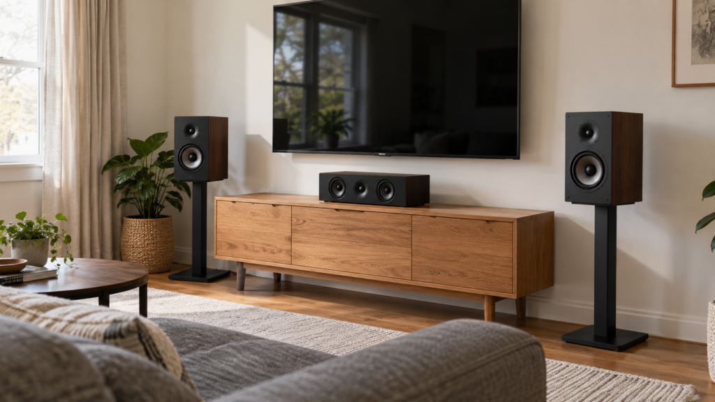 Front speakers arranged around a home-theatre TV.