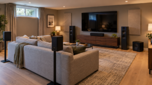 A basement home theatre with a television and separate speakers.
