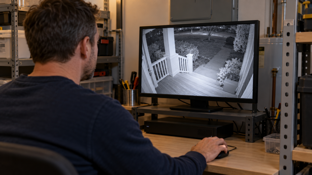 Checking an empty-porch camera view on a monitor.