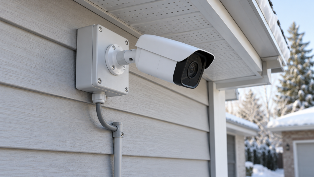 A finished exterior camera mount with a closed weatherproof box.