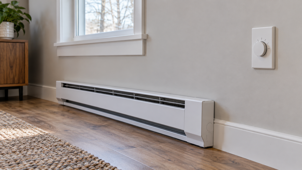 An electric baseboard heater with a separate wall control.