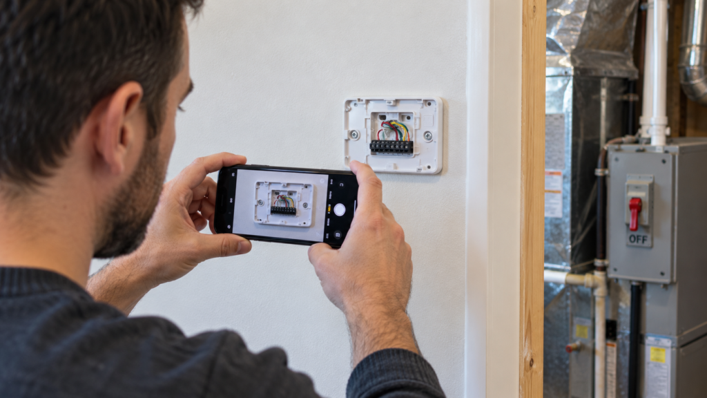 Photographing an existing thermostat before replacement.