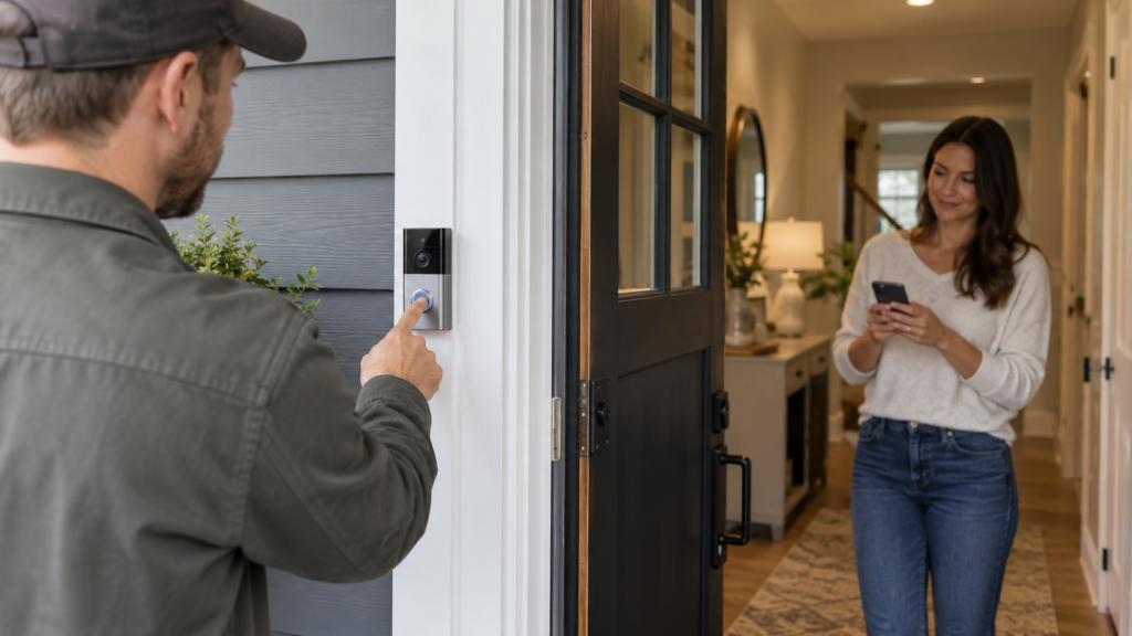 Testing a video doorbell after installation.