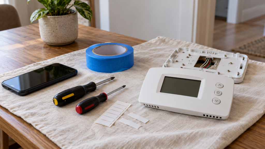 Basic tools prepared for a thermostat replacement.