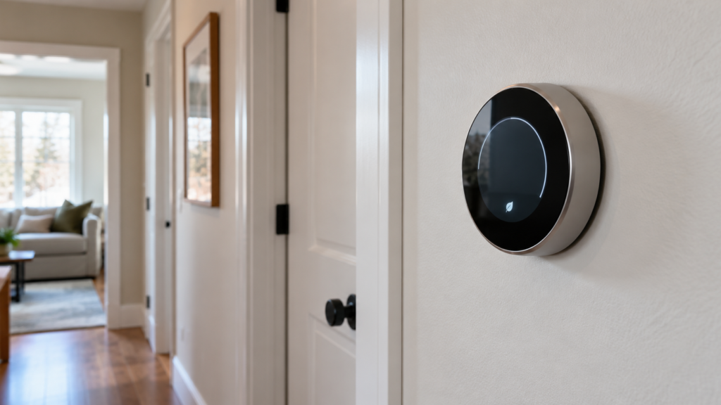 A smart thermostat installed on a hallway wall.