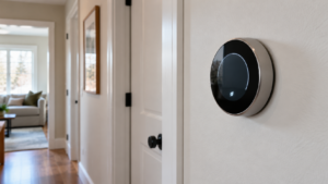 A smart thermostat installed on a hallway wall.