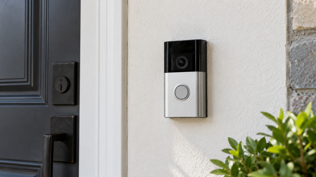 A finished doorbell installation beside an entrance.
