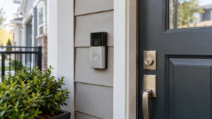 A video doorbell mounted beside a townhouse entrance.