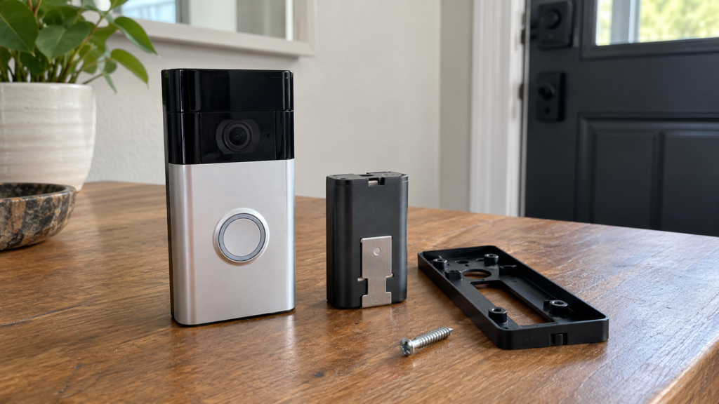 A video doorbell and removable battery cartridge.