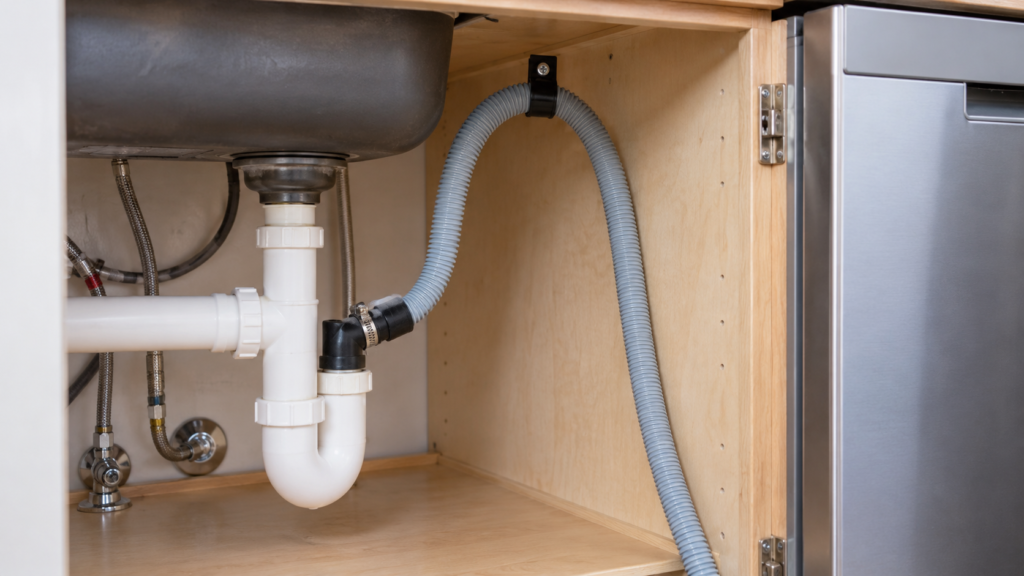 A dishwasher drain hose routed beneath a kitchen counter.