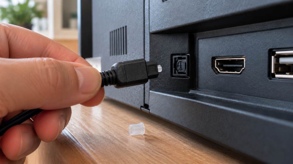 An optical cable beside a TV connection panel.