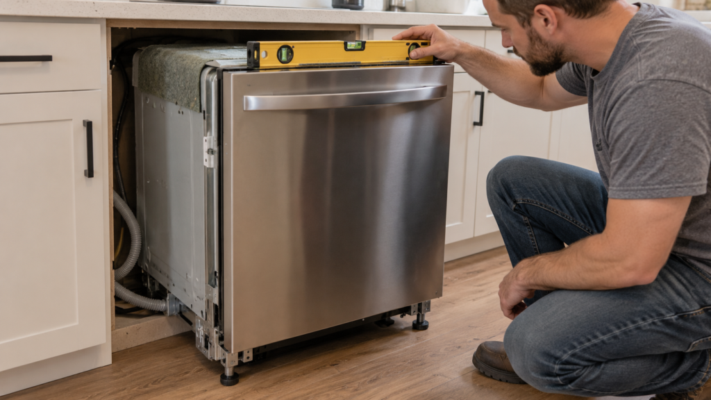 Checking a dishwasher for level before final placement.