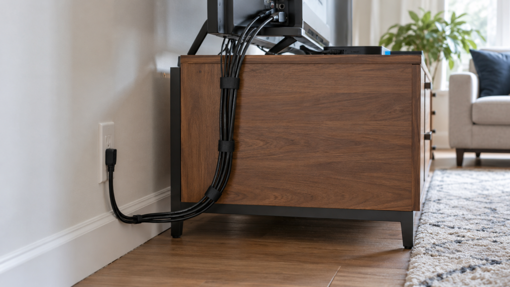 Cables grouped with reusable ties behind a media console.