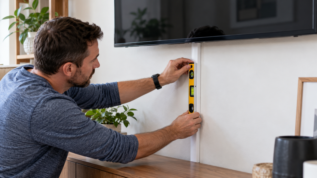 Aligning a surface cable channel on a finished wall.
