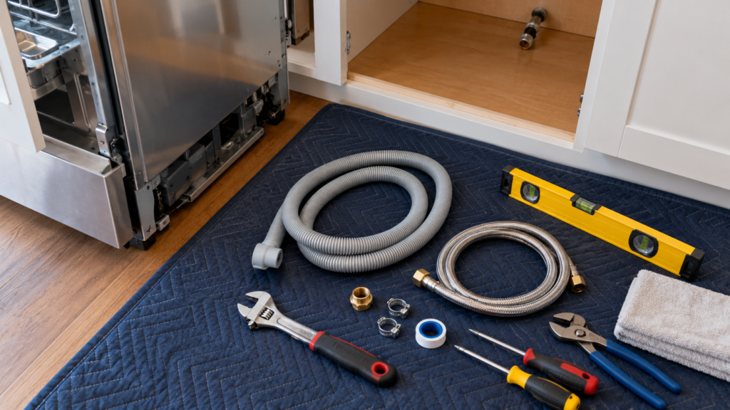 Tools and hose parts prepared for dishwasher installation.