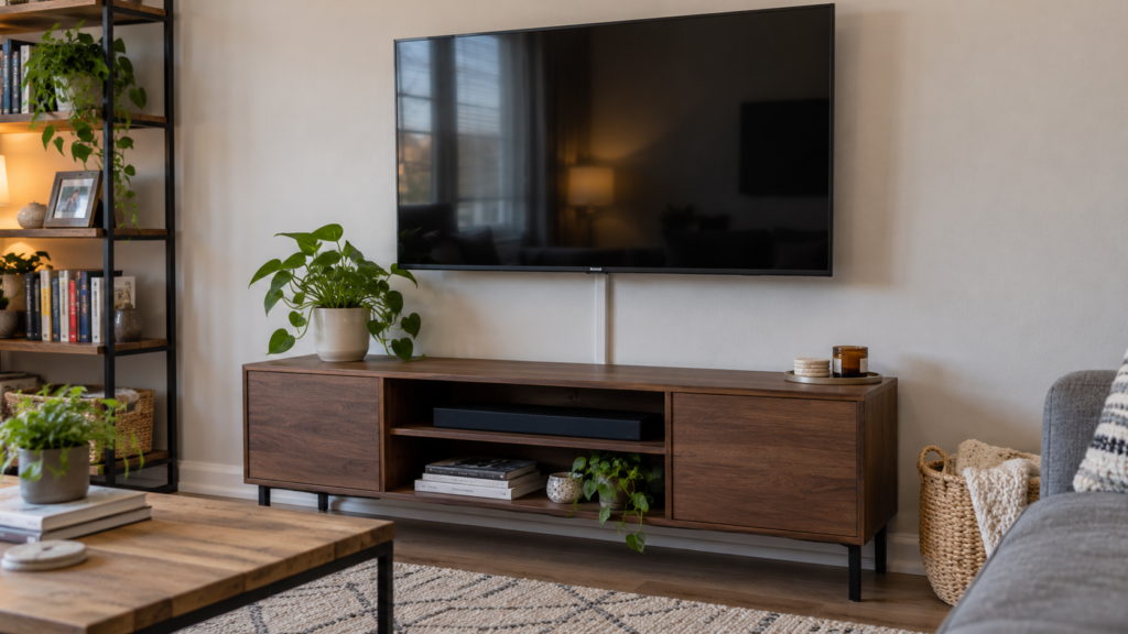 A surface cable channel below a wall-mounted TV.