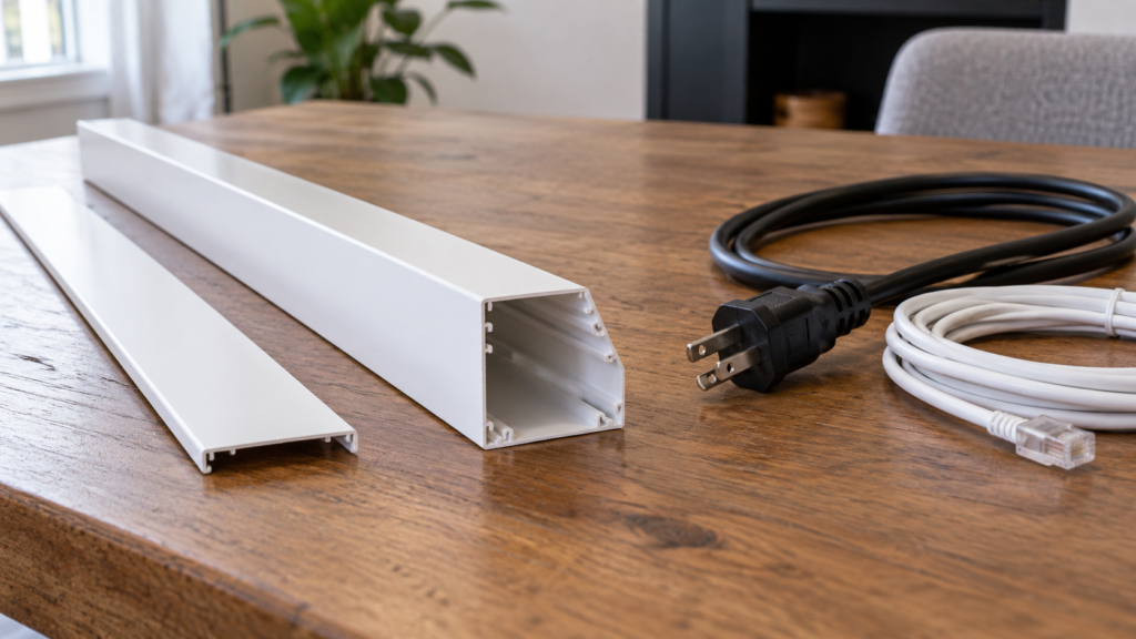 A paintable surface cable channel with its cover removed.