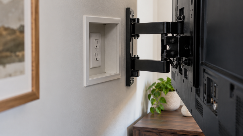 A finished recessed receptacle behind a television.
