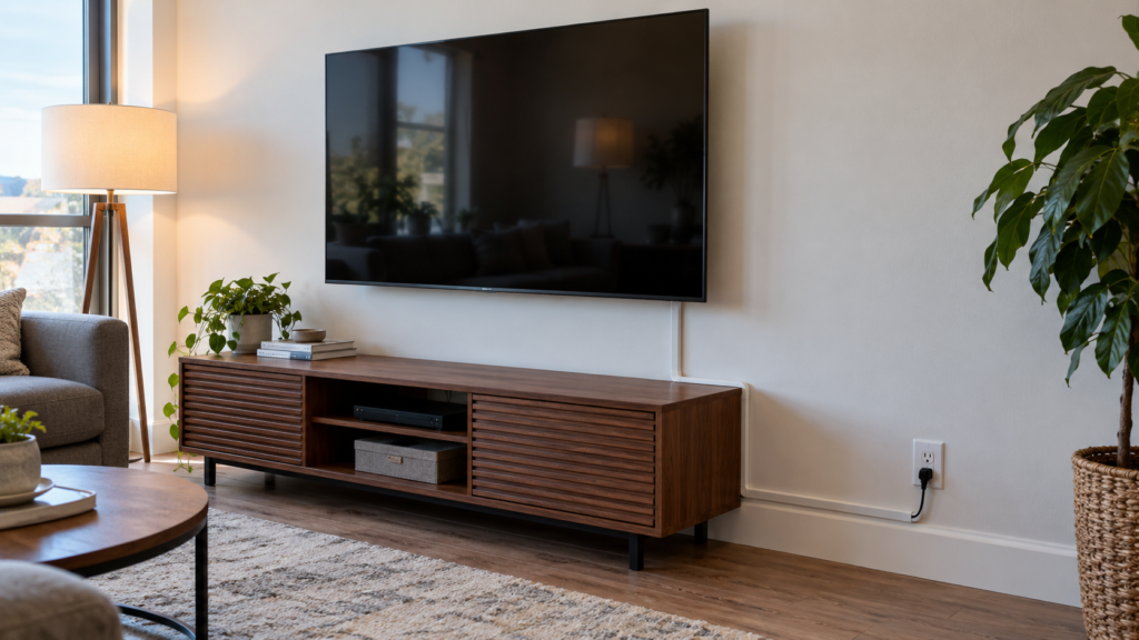 A tidy TV installation using a surface cable raceway.
