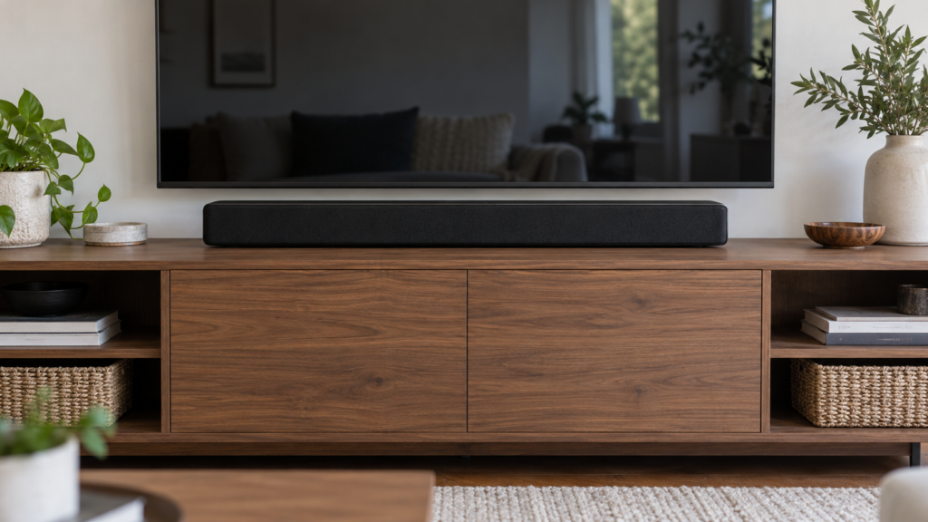 A soundbar positioned below a television.