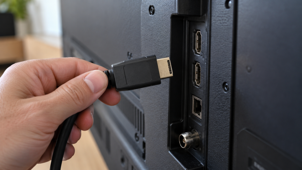 An HDMI cable beside a TV connection panel.
