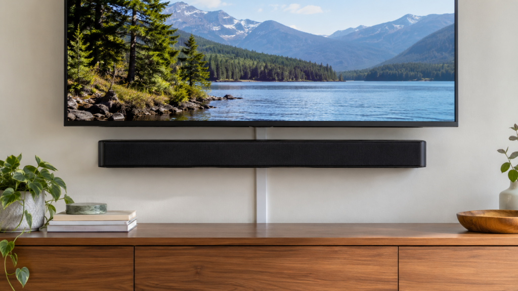 A soundbar mounted below a TV with a clear gap between them.
