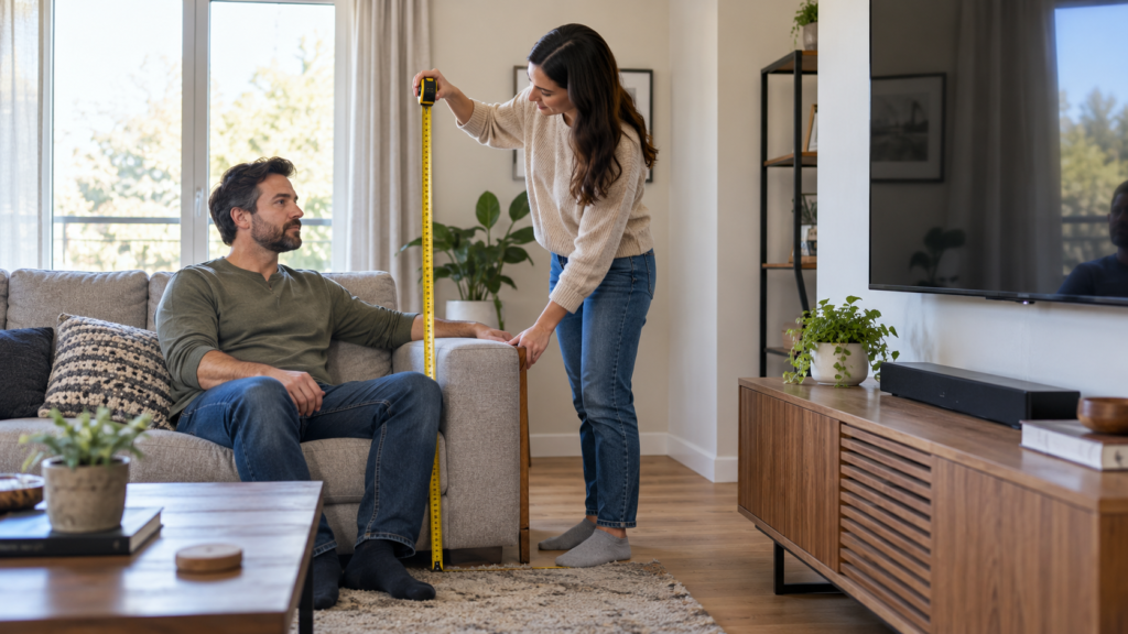Measuring seated eye height before choosing a TV mounting position.