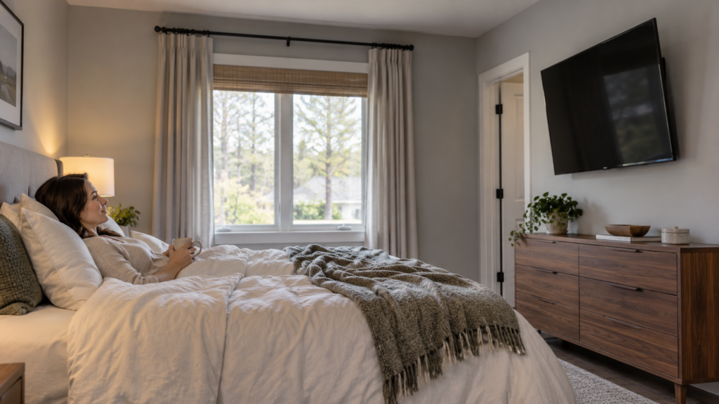 A tilted wall-mounted TV viewed from a bed.