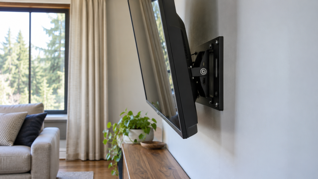 Side view of a TV on a slightly tilted wall mount.