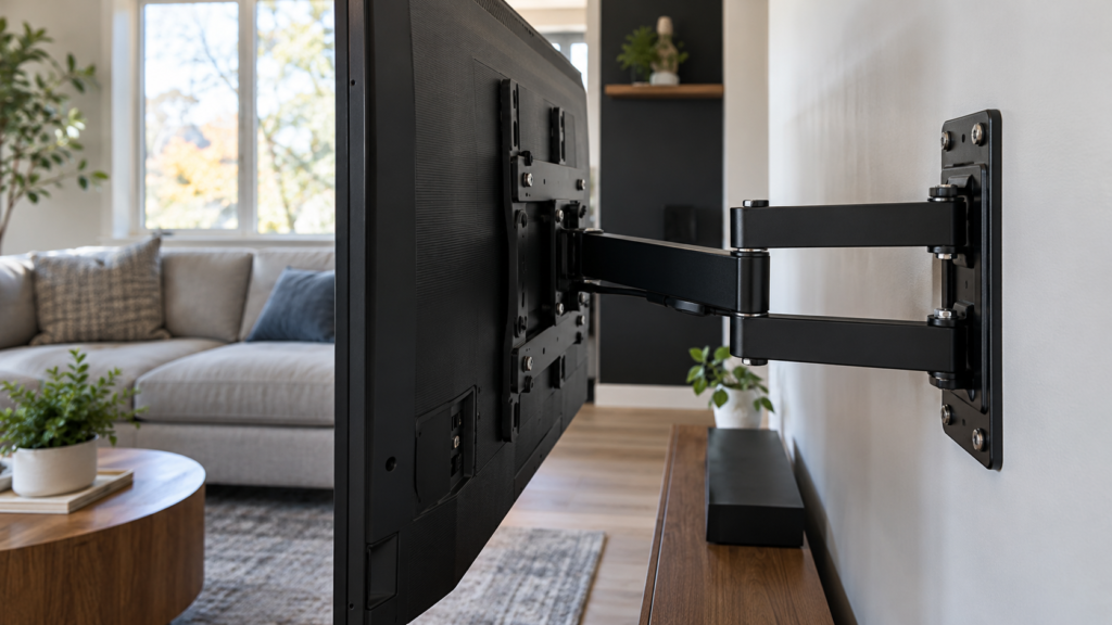 The articulated arm behind a TV on a full-motion mount.