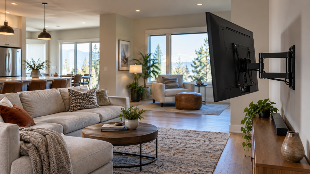 A TV on an articulated mount angled toward a seating area.