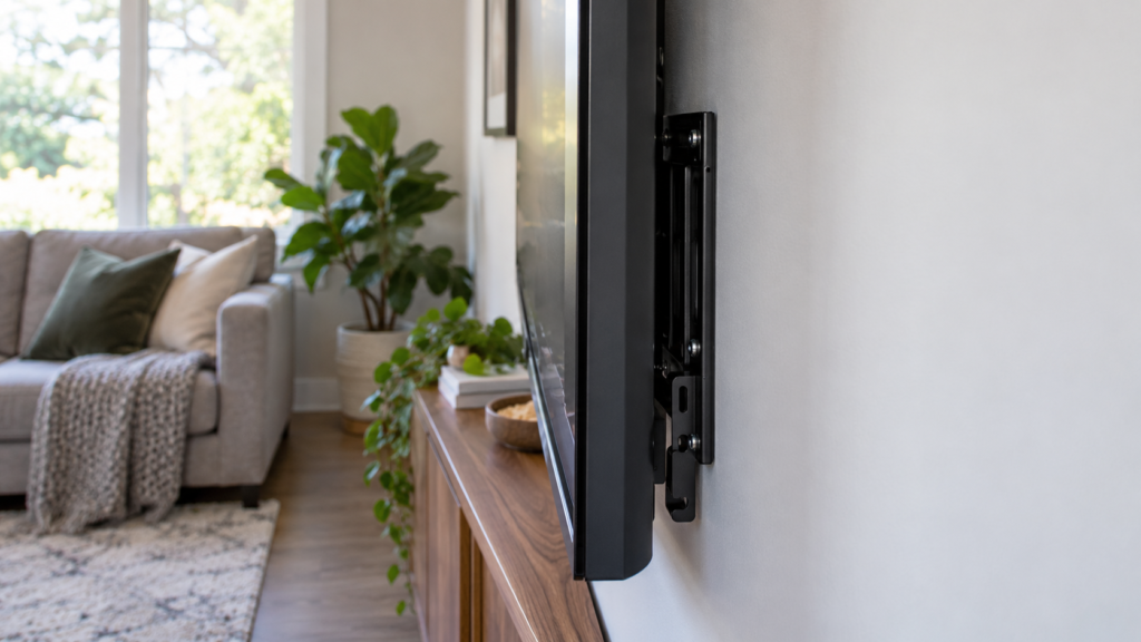 Side view of a TV installed on a fixed wall mount.
