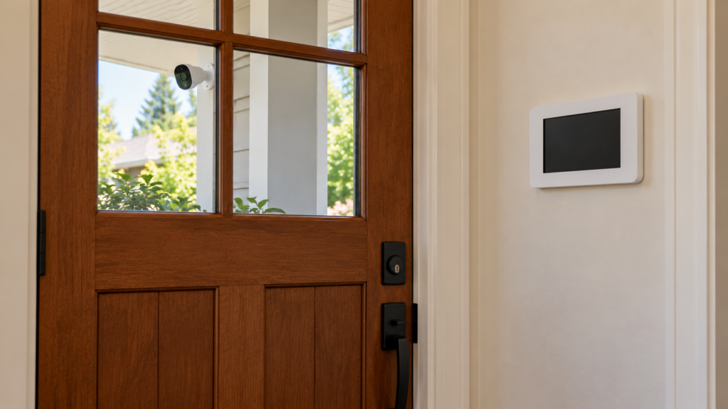 An alarm keypad near a home entrance.
