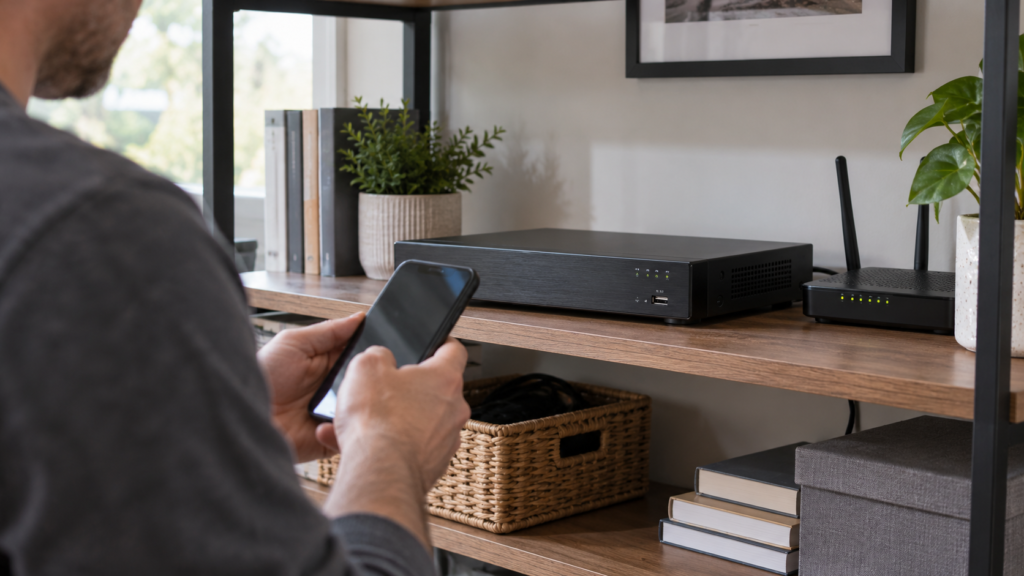 A local recorder, router and phone used to view camera video.