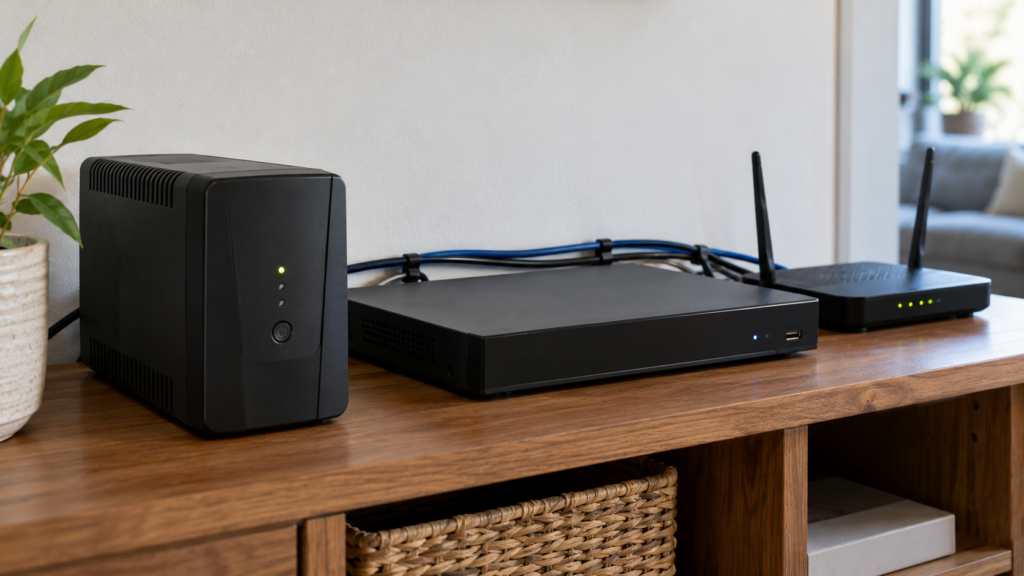 A battery backup beside a recorder and router.