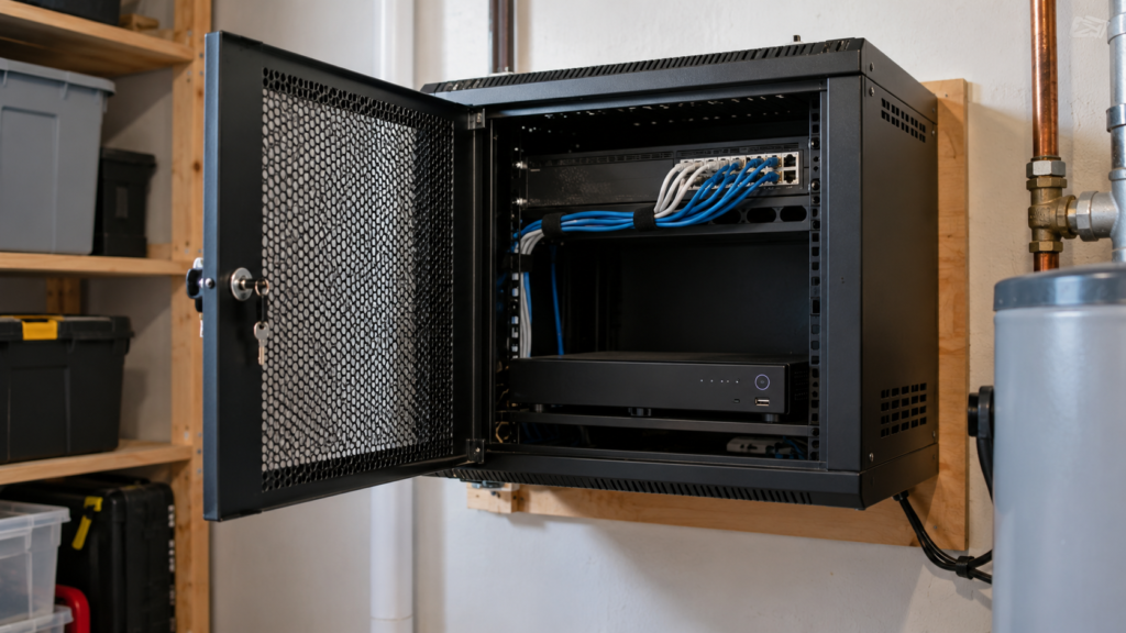 A recorder placed in a ventilated lockable utility-room cabinet.