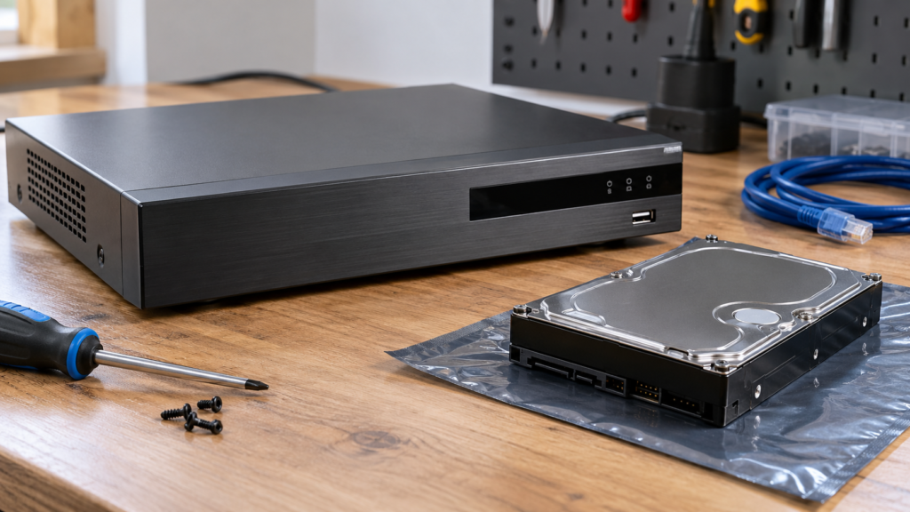 A recorder and separate hard drive on an antistatic mat.
