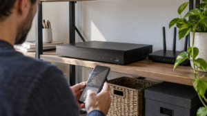 A camera recorder and phone in a home office.