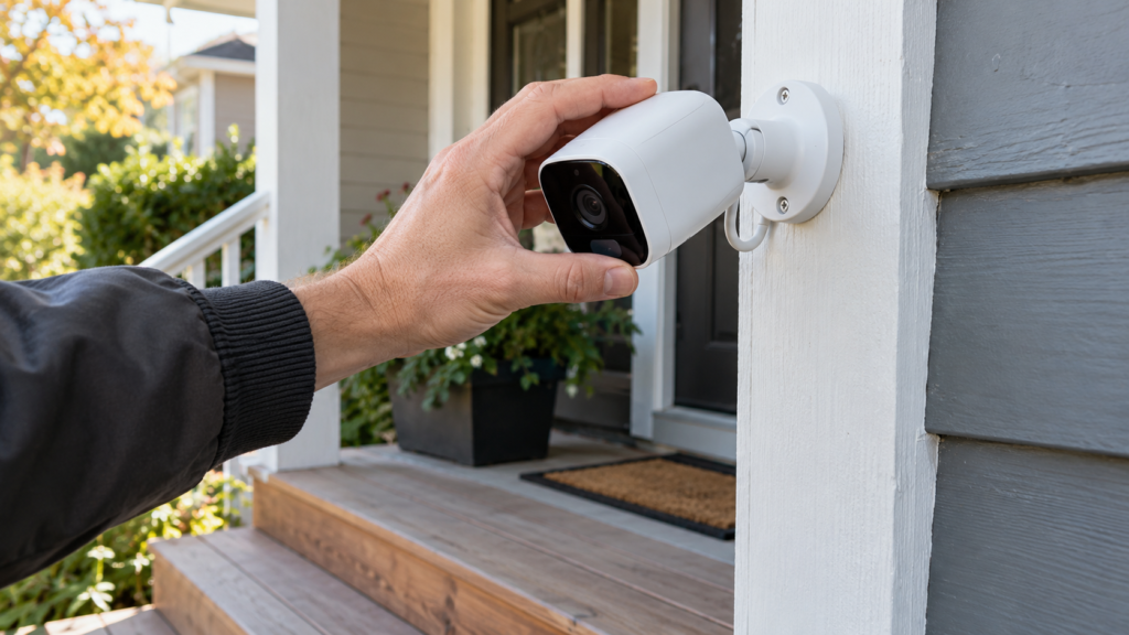 Adjusting a security camera toward the owner’s porch.