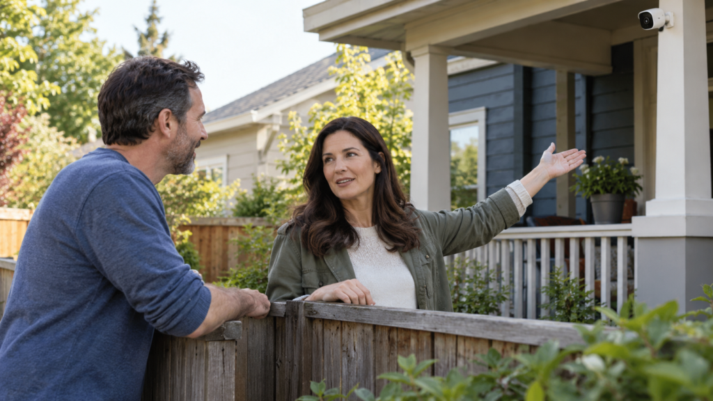Neighbours discussing a camera placement near their properties.