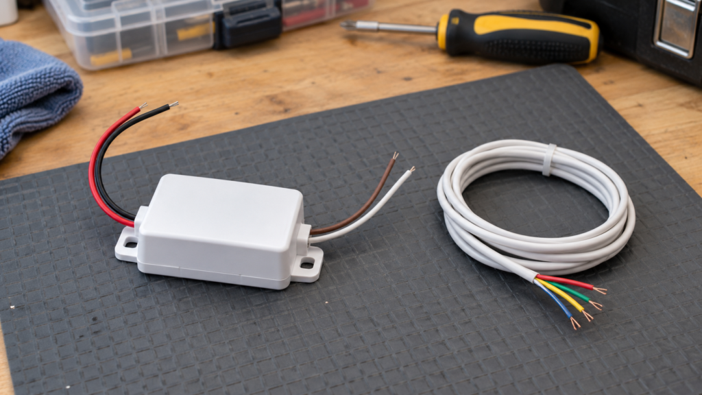 A thermostat power-adapter module and cable on a workbench.
