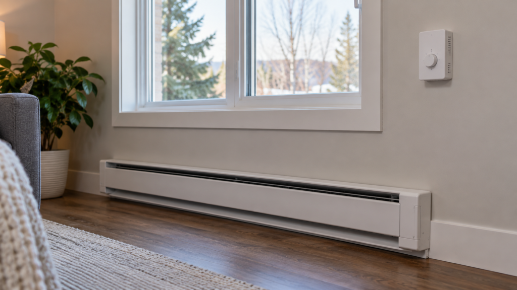 An electric baseboard heater and its wall thermostat.