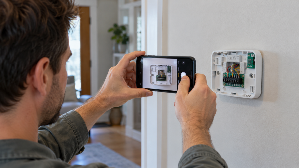 Photographing the connections behind a thermostat cover.