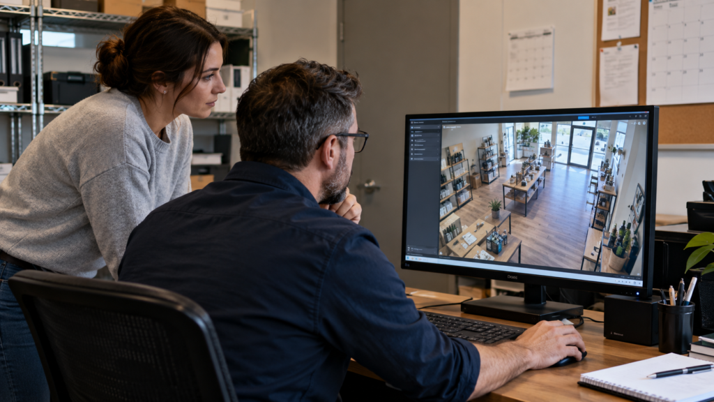 Reviewing a business camera view from a back office.