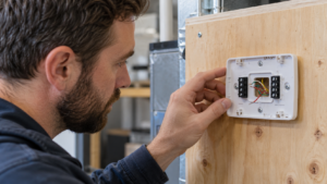 Inspecting a thermostat base on a training board.