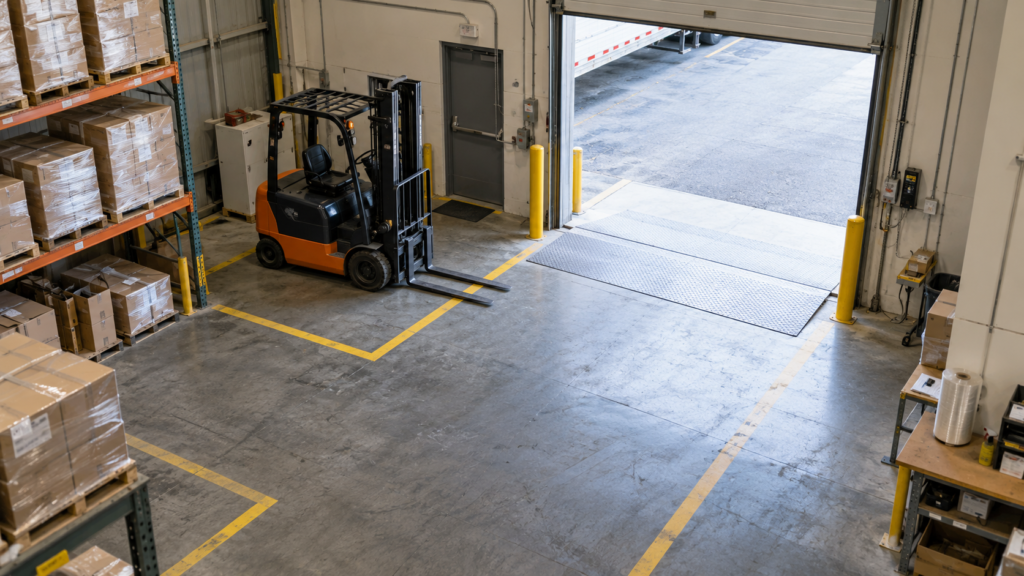 A camera near a warehouse loading door.