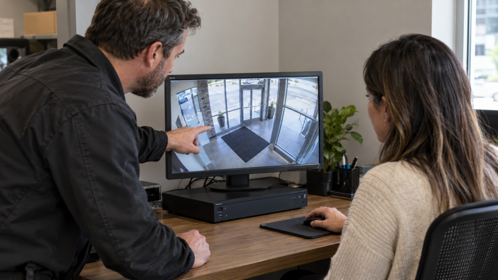 Reviewing a camera system during a business handover.